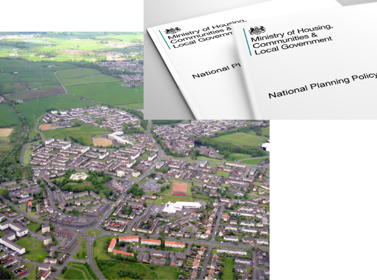 Aerial of town with National Planning Policy papers image on top