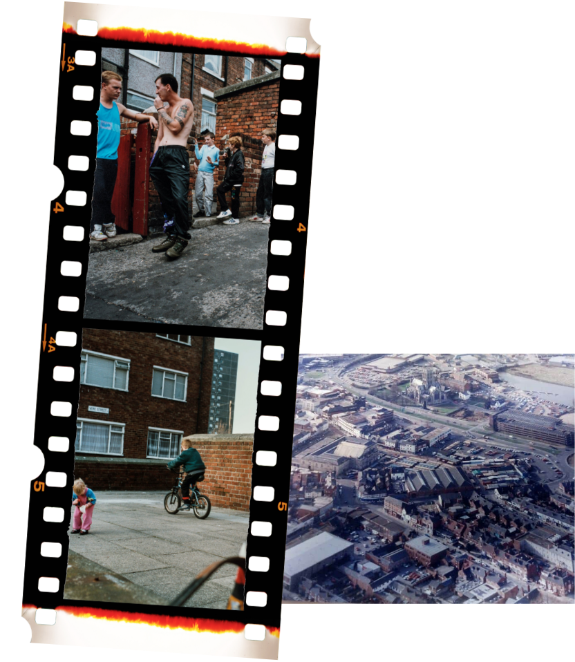 Photo film with sample people living in social housing estates and aerial of the state of it during the 80s.